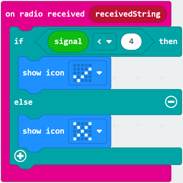 Code example-- on radio received receivedString, if signal greater than 4 then, show icon yes, else, show icon no